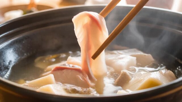 鍋の中で白身魚を箸で持ち上げる調理中の和食シーンが温かさを伝える