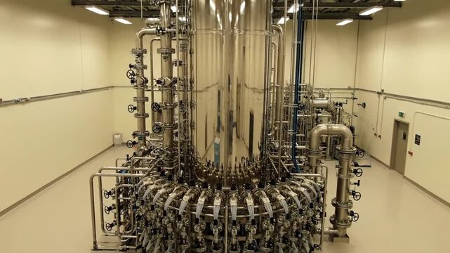 cinematic industrial technology scene ultra realistic reactor system massive stainless steel cylindrical reactor centered precision pipe valve cable networks surrounding clean pale yellow research fac