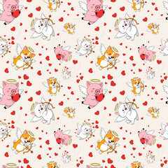 A joyful repeating seamless pattern featuring a corgi, kitten, and piglet as Cupids with wings and bows on a cream background with scattered red hearts.