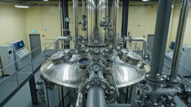 cinematic ultra realistic research facility interior showing advanced industrial reactor massive polished steel cylindrical reactor surrounded by complex pipe networks valves cables control systems cl