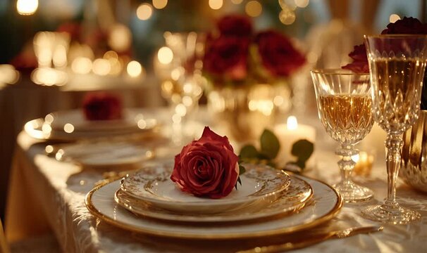 Table set for a romantic dinner, featuring red roses, flickering candles, elegant dinnerware, and crystal glasses, creating an intimate ambiance