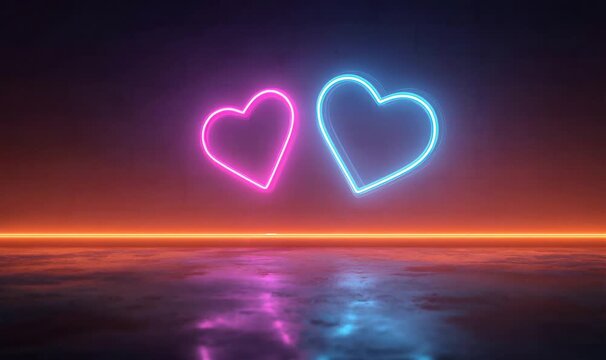 Two vibrant glowing neon heart outlines, pink and blue, floating above a horizon line with reflections on a textured dark surface