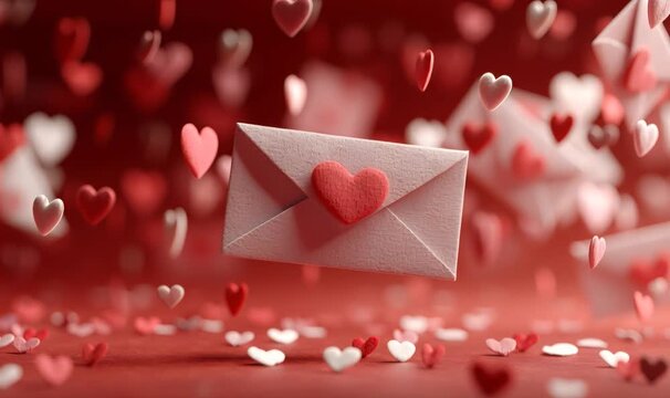 Love letter envelope with a red heart seal floating among numerous falling and scattered hearts on a romantic red background