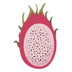 Fresh pitaya fruit cut in halfSimple dragon fruit slice illustration. Fresh pitaya fruit cut in half. Healthy food concept. Minimal flat vector design for interior, poster, cover, banner. Isolated on 