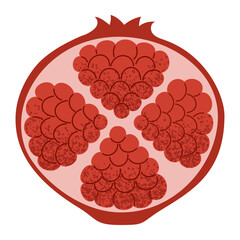 Simple pomegranate slice illustration. Fresh pomegranate fruit cut in half. Healthy food concept. Minimal flat vector design for interior, poster, cover, banner. Isolated on white background.