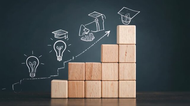 積み上げた木製ブロックで成長段階を表現する目標達成の象徴的構図
