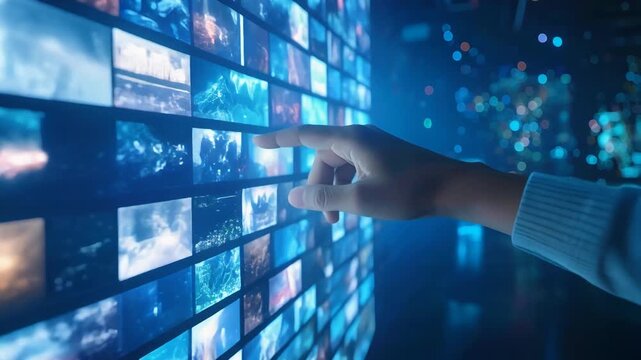 発光する多数のディスプレイを指し示す先端的な情報管理の情景