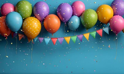 Vibrant party balloons with polka dots and multicolored bunting flags against a teal background, with falling confetti creating a festive atmosphere