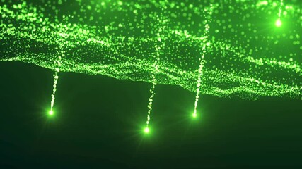 Abstract magical green stream with glowing particles and luminous dots rising from a wavy flow, creating an organic, mystical motion background. - Powered by Adobe