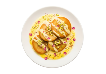 pistachio cookies with saffron drizzle and flower petals on plate