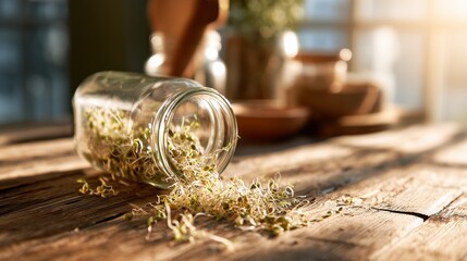 Fresh sprouts spill from jar on wooden table in bright kitchen