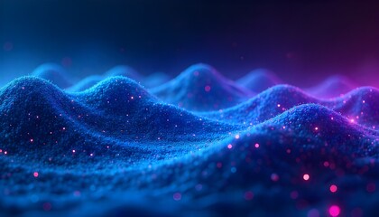 Naklejka premium Vibrant digital landscape with glowing blue and purple neon waves and particles on a dark background with glowing particles and futuristic and technology