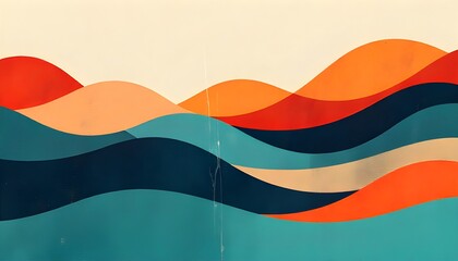 Vibrant wavy lines in shades of orange red dark blue and teal on a beige background creating a dynamic abstract pattern with colorful and design