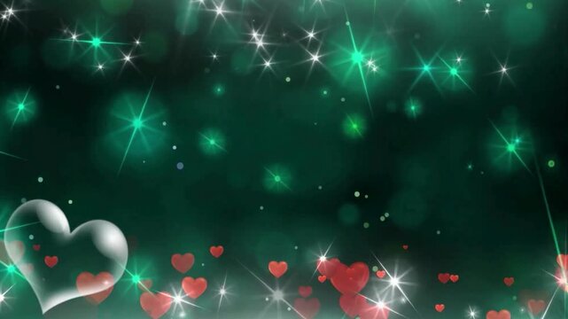 Festive green background featuring red hearts, star shapes and soft white bokeh lights. Bright decorative backdrop ideal for love themes, holidays, celebrations and abst