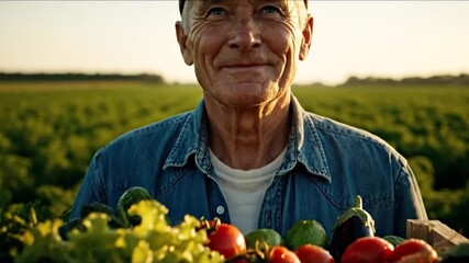 A proud farmer holds a crate of fresh organic vegetables and smiles at the camera, embodying hard work, satisfaction, and a connection to the land