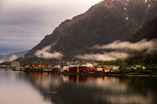 The Alaskan capitol city of Juneau, as seen on a dreary morning.