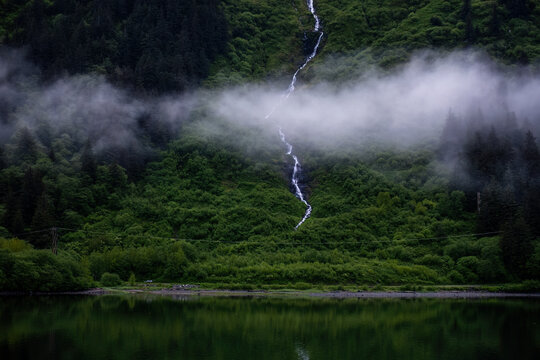 A dramatic view of lush greenery on a mountainside near Juneau, Alaska.