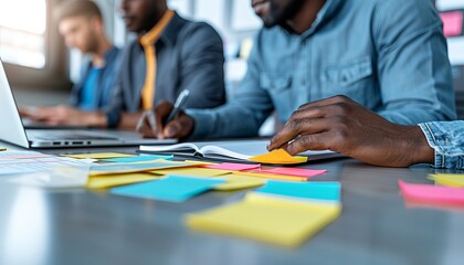 Creative workspace  designers collaborating on a project surrounded by colorful sketches and laptops