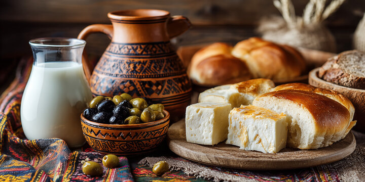 Traditional Romanian breakfast with Telemea, olives, fresh bread and milk jug