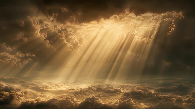 Sunlight piercing through dramatic clouds creating a golden sky.