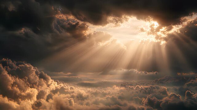 Dramatic sun rays breaking through thick clouds during sunset or sunrise.