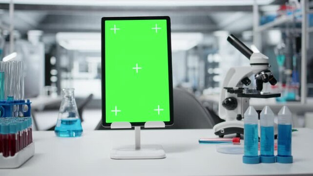 Isolated screen tablet and scientific gear in research facility used for complex experiments. Close up of mockup device on empty high tech hospital lab workstation with genetic research technology