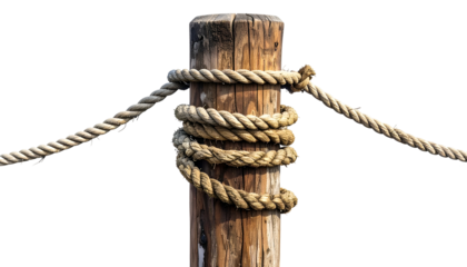A weathered wooden post wrapped with rough rope, anchored against a stark black background