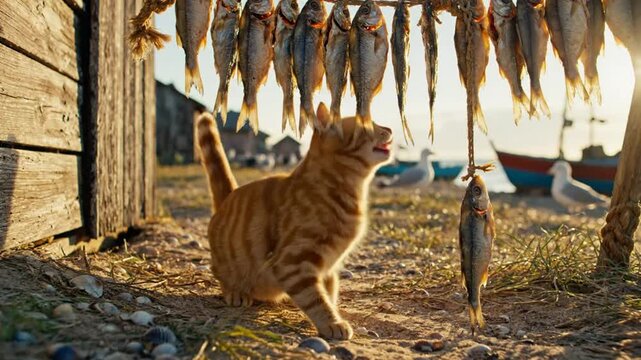 Ginger tabby cat tries to catch a dried fish hanging from a rope near the ocean shore, a humorous scene.