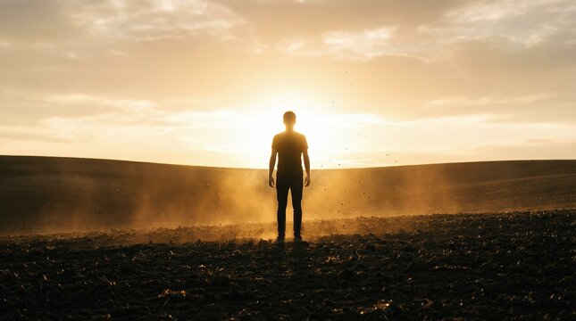 Man silhouetted against a bright sunset in a field with dust rising, representing the creation of man from dust, a spiritual nature scene.