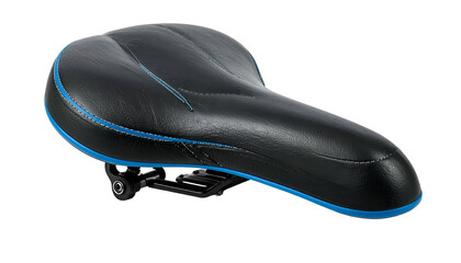 Black bicycle seat with blue trim and stitching, attached to metal mounting hardware