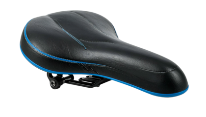 Black bicycle seat with blue trim and stitching, attached to metal mounting hardware