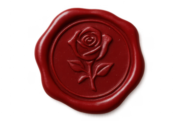 Red wax seal with rose emblem on transparent background
