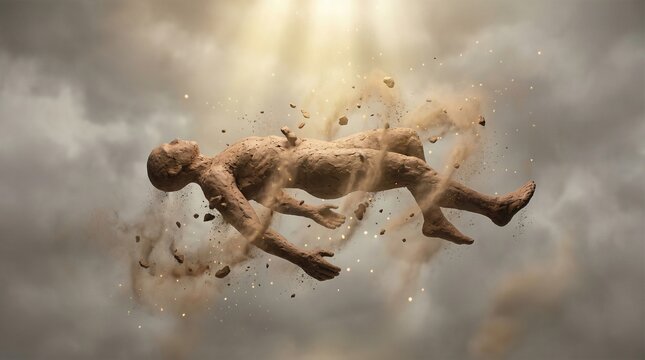First man falling from the sky as dust and clay, concept of Genesis and Gods creation of human. Spiritual awakening and origin of life.