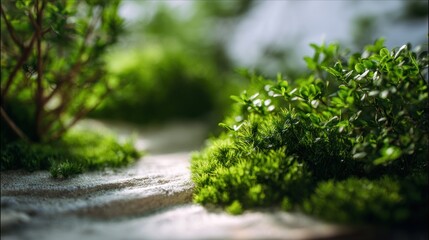 Tranquil Miniature Zen Garden with Green Moss and Soft Sands
