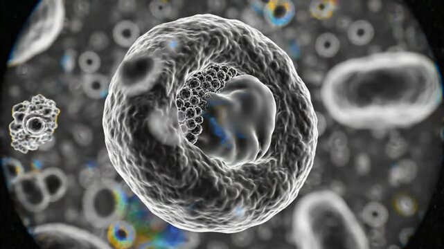 Microscopic view of a human cell engulfed by other cells, with a focus on internal structures and surrounding details.