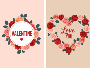 Set of romantic Valentine's Day greeting cards with red rose flower wreath and heart shape, elegant floral backgrounds for seasonal marketing banners, © G-World