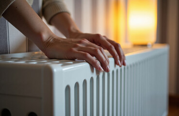 Hands on radiator warming by lamp light in a cozy evening bedroom setting