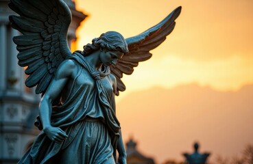 Fototapeta premium Angel statue with outstretched wings against warm sunset sky in cemetery