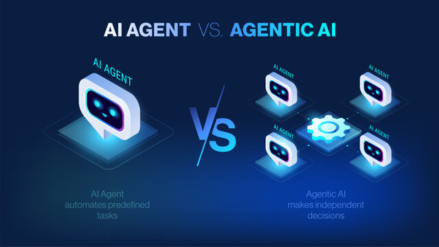 AI Agent vs Agentic AI system infographic - comparison diagram isometric technology vector illustration