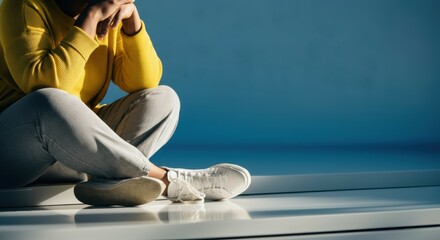 Woman sitting cross-legged on bench wearing yellow sweater and white sneakers