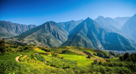 Terraced fields in a mountain valley under a clear blue sky and distant peaks
