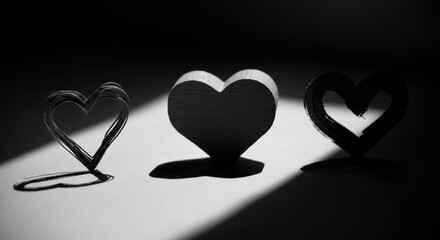 Three heart shapes casting strong shadows in high contrast black and white