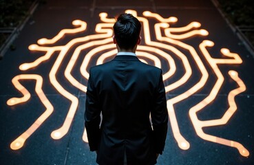 Man in suit stands above glowing circuit maze on dark urban street at night