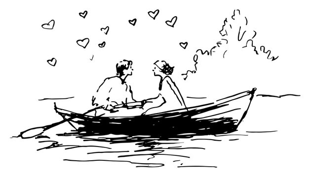 Romantic sketch of a couple floating in a boat surrounded by hearts