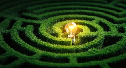 Naklejka premium Light bulb glowing at center of green hedge maze with winding pathways