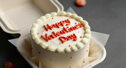 Valentine's Day cake with white buttercream and red lettering in takeaway box