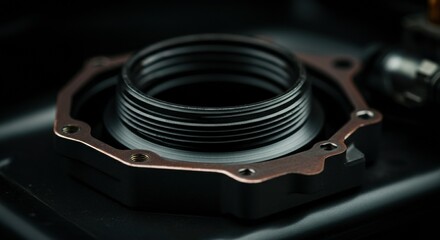 Metal flange with threaded ring placed on dark industrial surface for assembly