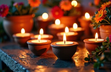 Tealight candles in clay holders glowing among potted flowers and foliage