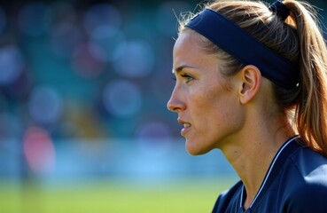Woman soccer player profile appearing focused on sideline during match with focus