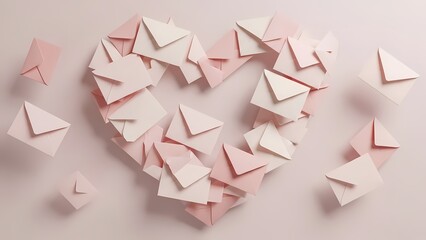 Collection of pink and white envelopes forming heart shape on pink background